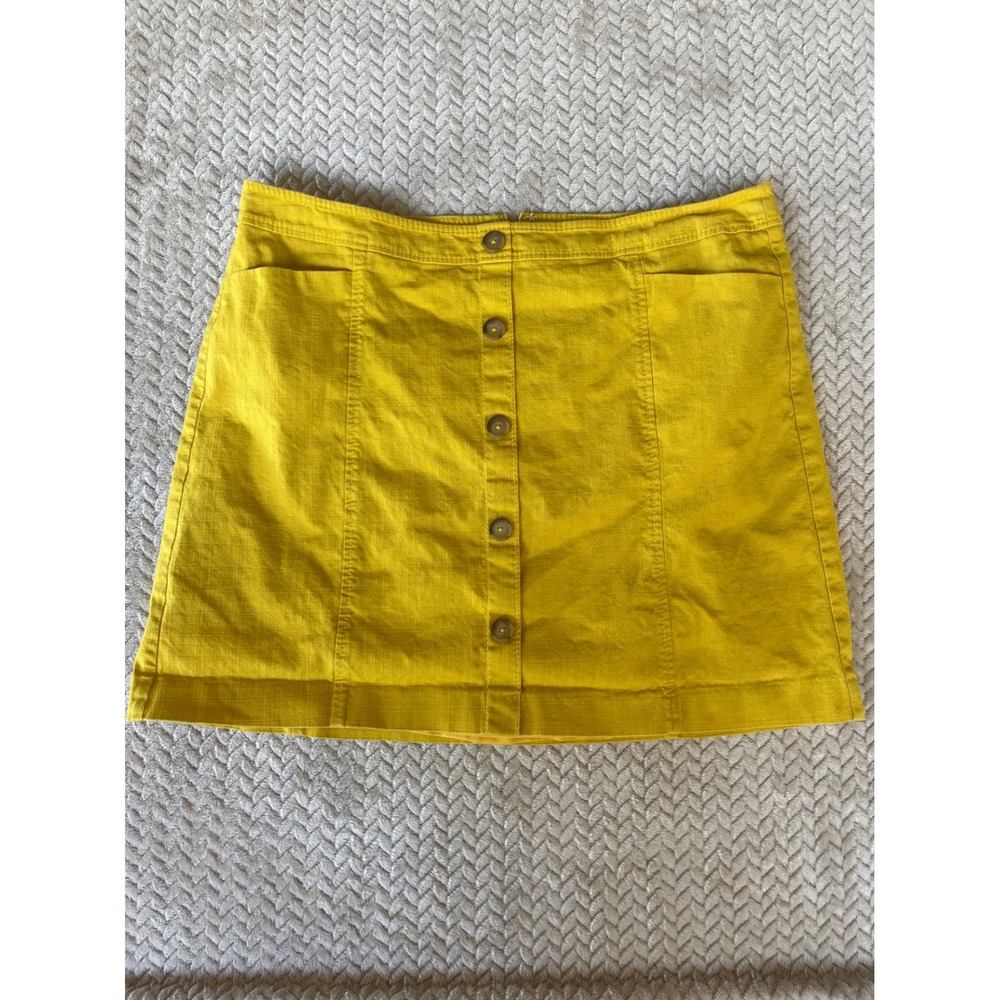 LOFT Mustard Yellow Textured Button Front Mini Skirt Size 16 Pockets A-Line
